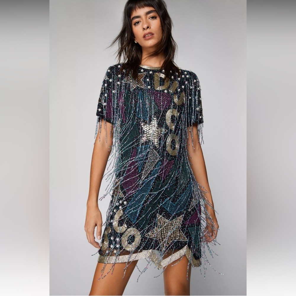 Nasty Gal Beaded Fringe Star Mini Dress - Black Teal Plum Gold